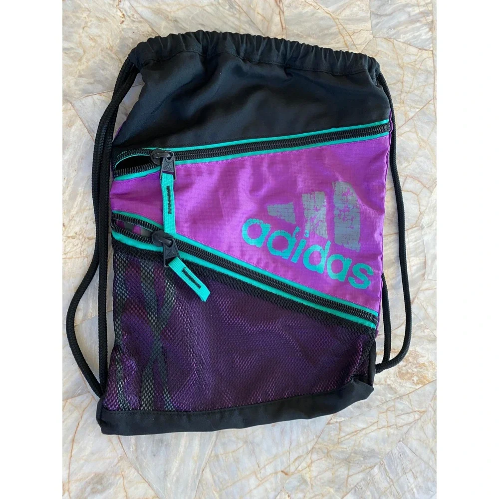 Adidas Drawstring Cinch Bag Purple Mesh Sackpack Gym Backpack Zipper Pockets